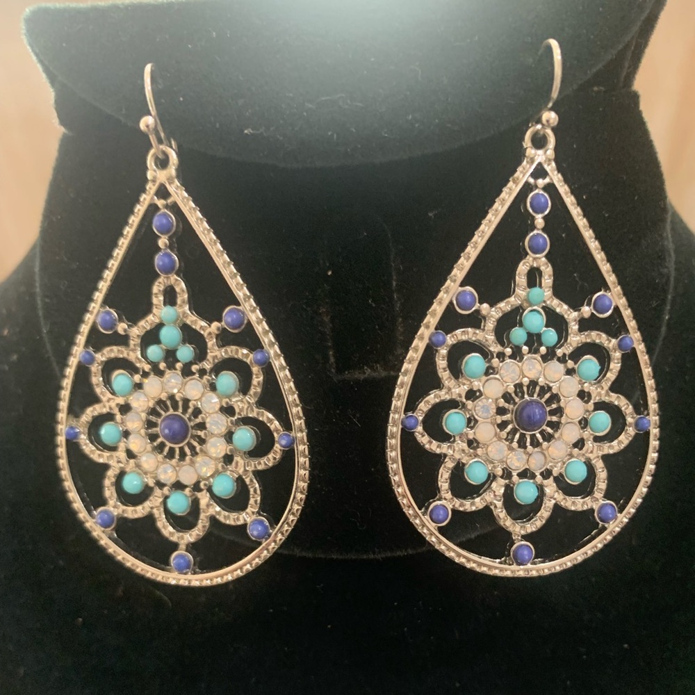 Beautiful Boho Blue, Turquoise and Silver Teardrop Earrings